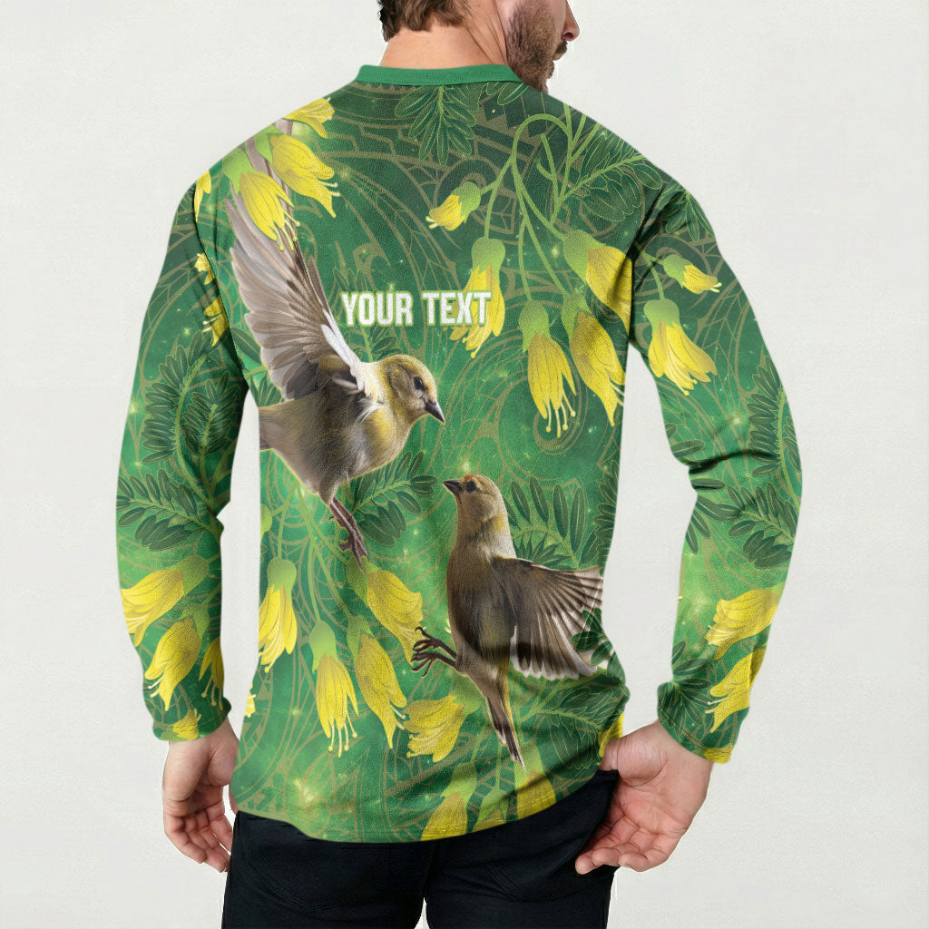 Bellbird New Zealand Personalised Button Sweatshirt Kowhai Flower Maori Pattern LT22 - Polynesian Pride