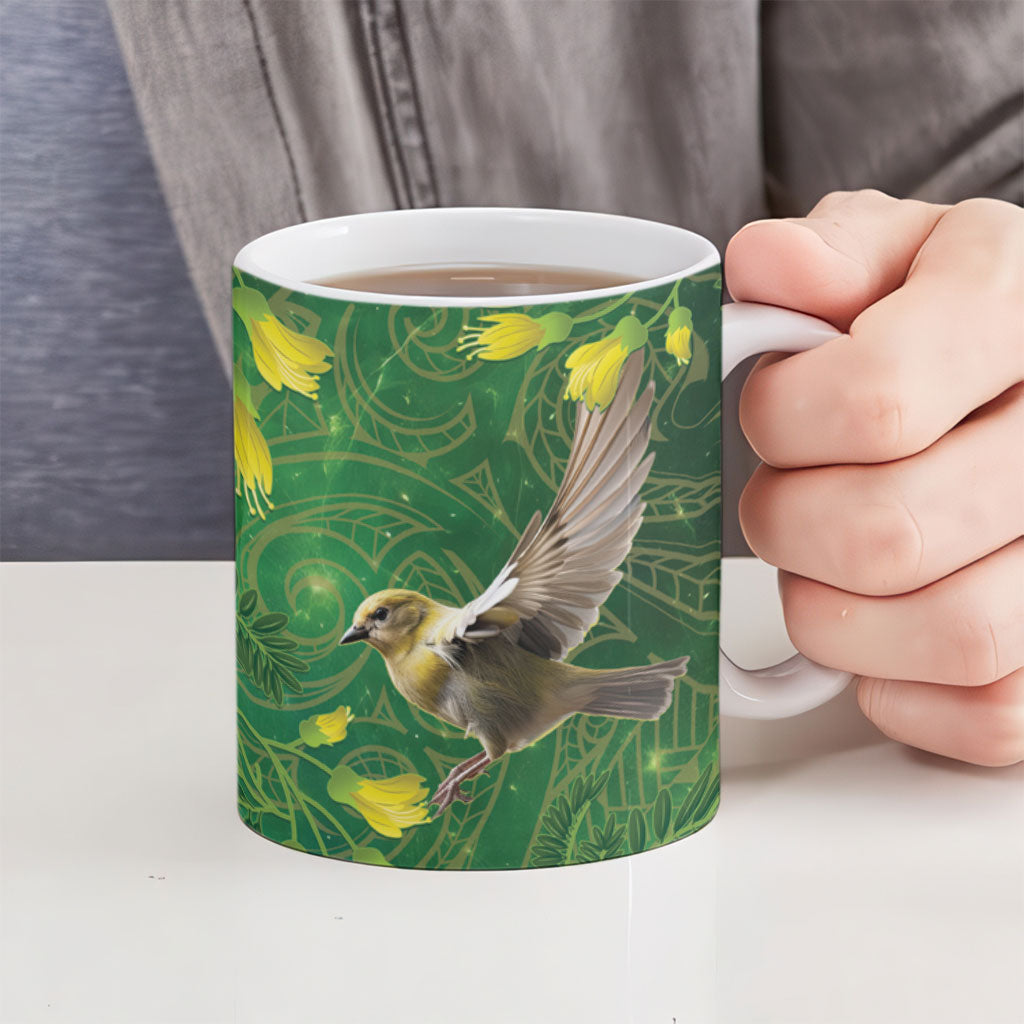Bellbird New Zealand Personalised Ceramic Mug Kowhai Flower Maori Pattern LT22 - Polynesian Pride