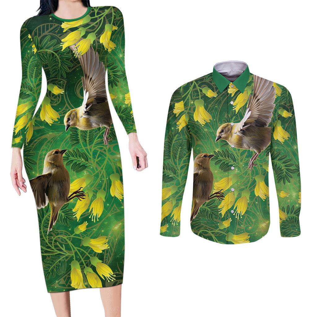 Bellbird New Zealand Personalised Couples Matching Long Sleeve Bodycon Dress and Long Sleeve Button Shirt Kowhai Flower Maori Pattern