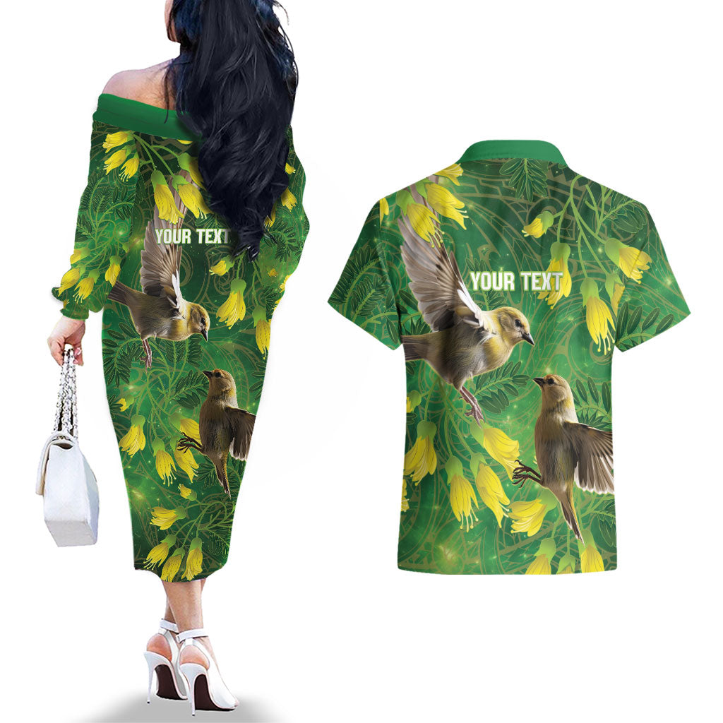 Bellbird New Zealand Personalised Couples Matching Off The Shoulder Long Sleeve Dress and Hawaiian Shirt Kowhai Flower Maori Pattern