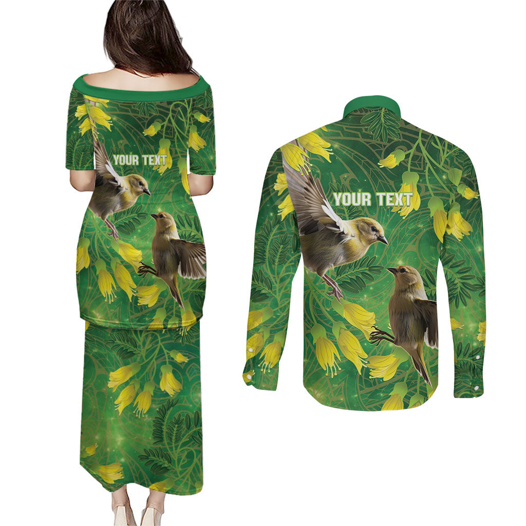 Bellbird New Zealand Personalised Couples Matching Puletasi and Long Sleeve Button Shirt Kowhai Flower Maori Pattern LT22 - Polynesian Pride