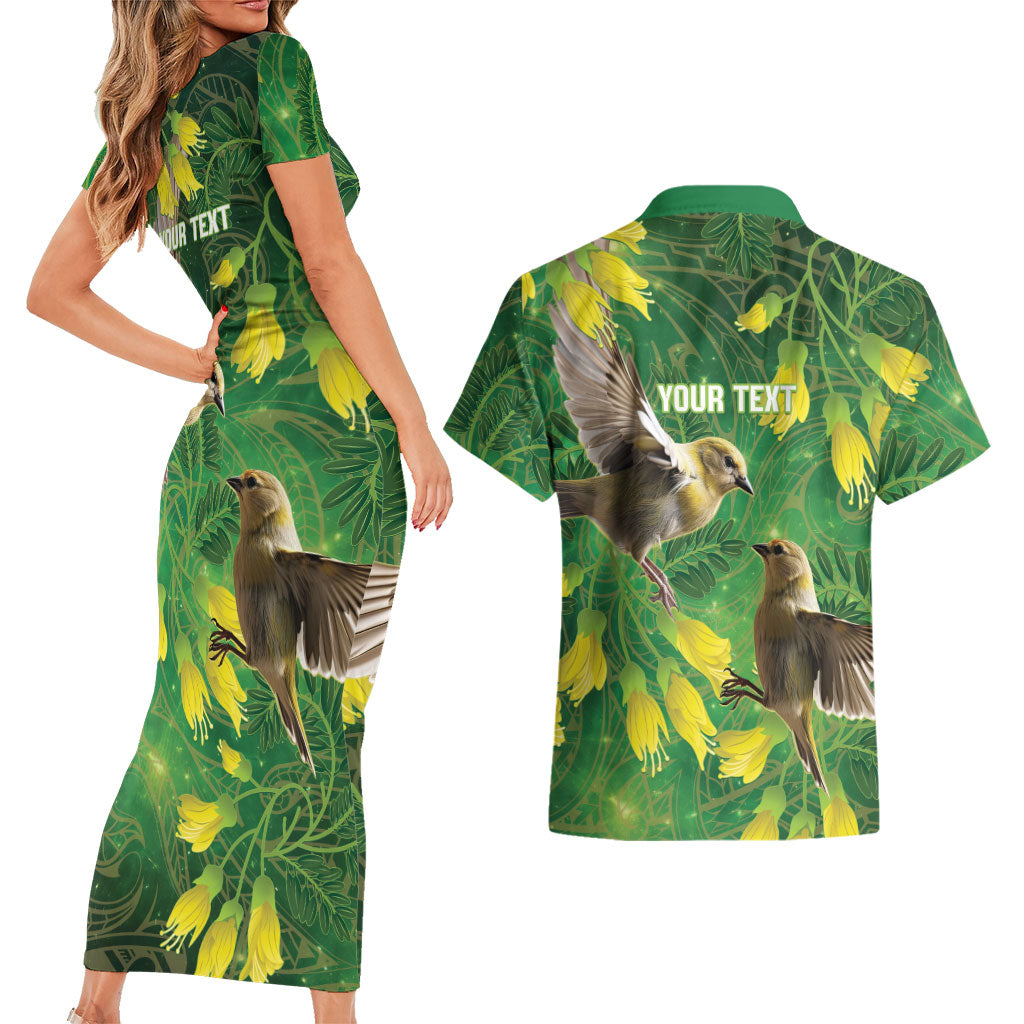 Bellbird New Zealand Personalised Couples Matching Short Sleeve Bodycon Dress and Hawaiian Shirt Kowhai Flower Maori Pattern
