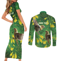 Bellbird New Zealand Personalised Couples Matching Short Sleeve Bodycon Dress and Long Sleeve Button Shirt Kowhai Flower Maori Pattern