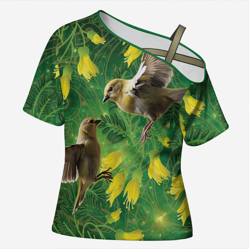 Bellbird New Zealand Personalised Cross Shoulder Shirt Kowhai Flower Maori Pattern LT22 Female Green - Polynesian Pride