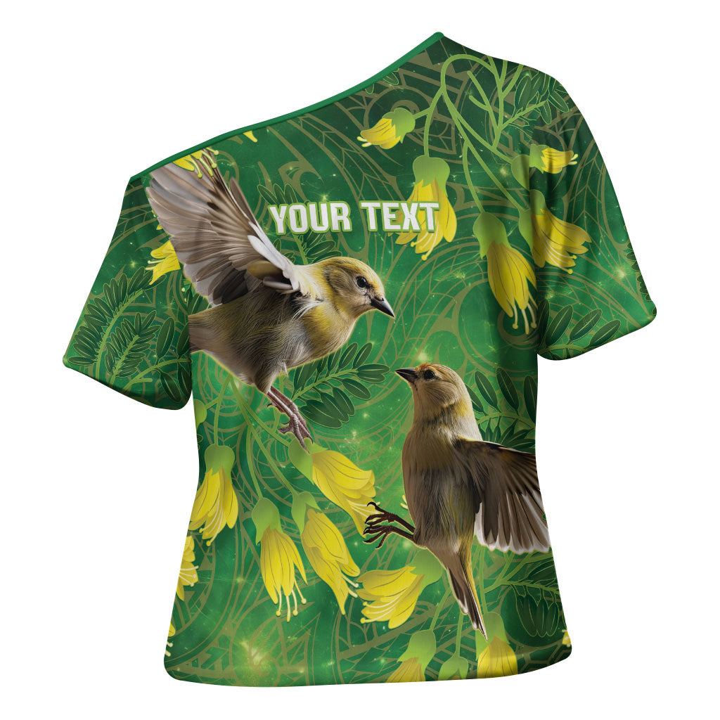 Bellbird New Zealand Personalised Cross Shoulder Shirt Kowhai Flower Maori Pattern LT22 - Polynesian Pride