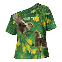 Bellbird New Zealand Personalised Cross Shoulder Shirt Kowhai Flower Maori Pattern LT22 - Polynesian Pride