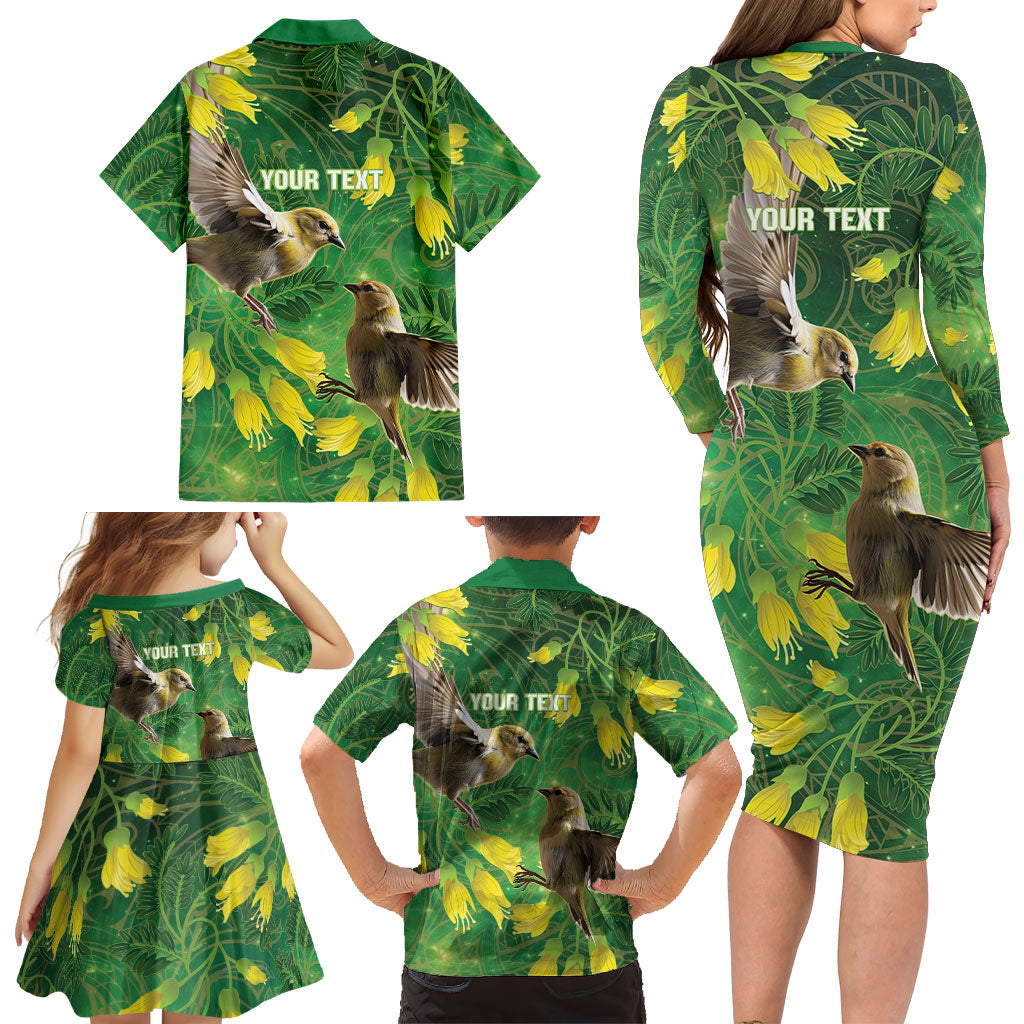 Bellbird New Zealand Personalised Family Matching Long Sleeve Bodycon Dress and Hawaiian Shirt Kowhai Flower Maori Pattern