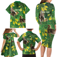 Bellbird New Zealand Personalised Family Matching Long Sleeve Bodycon Dress and Hawaiian Shirt Kowhai Flower Maori Pattern
