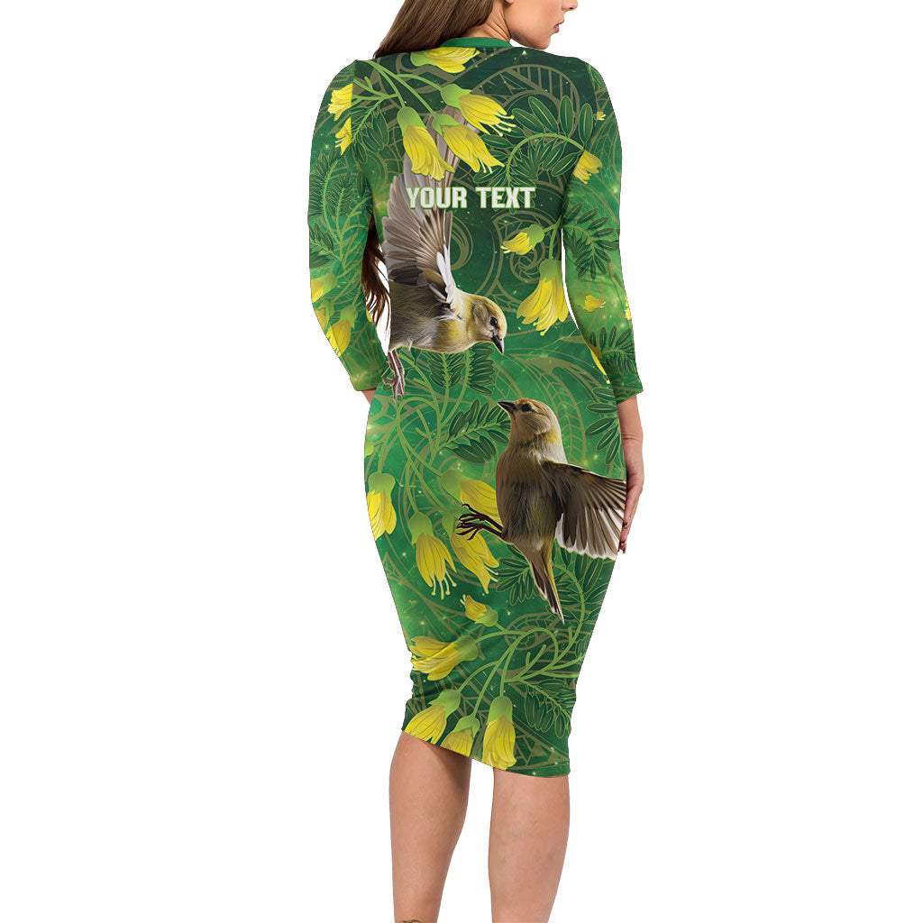Bellbird New Zealand Personalised Family Matching Long Sleeve Bodycon Dress and Hawaiian Shirt Kowhai Flower Maori Pattern