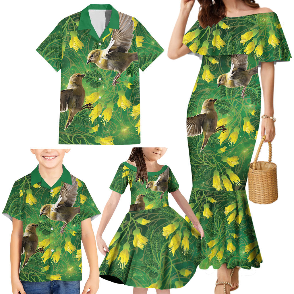 Bellbird New Zealand Personalised Family Matching Mermaid Dress and Hawaiian Shirt Kowhai Flower Maori Pattern