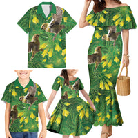 Bellbird New Zealand Personalised Family Matching Mermaid Dress and Hawaiian Shirt Kowhai Flower Maori Pattern