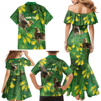 Bellbird New Zealand Personalised Family Matching Mermaid Dress and Hawaiian Shirt Kowhai Flower Maori Pattern