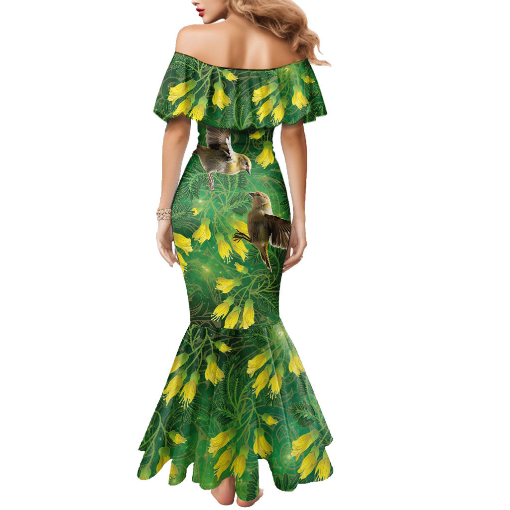 Bellbird New Zealand Personalised Family Matching Mermaid Dress and Hawaiian Shirt Kowhai Flower Maori Pattern