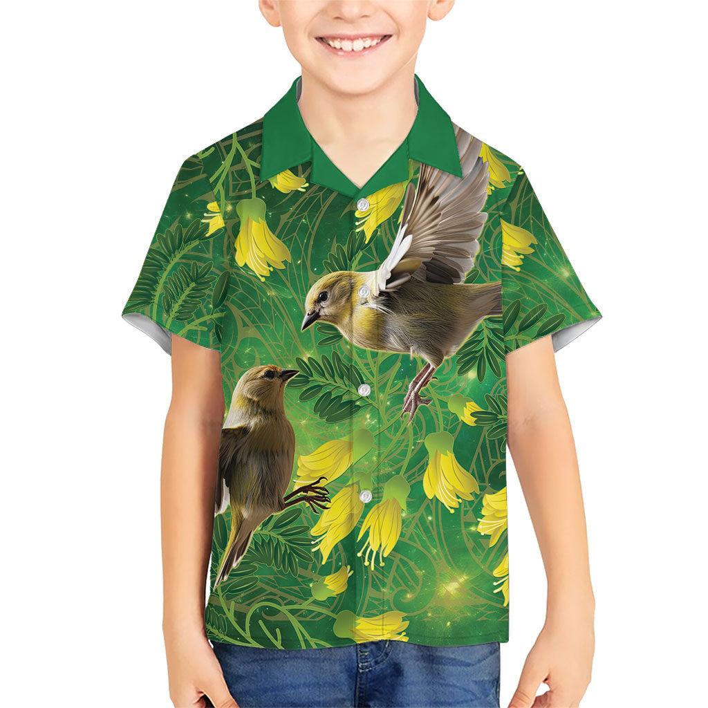 Bellbird New Zealand Personalised Family Matching Off Shoulder Maxi Dress and Hawaiian Shirt Kowhai Flower Maori Pattern