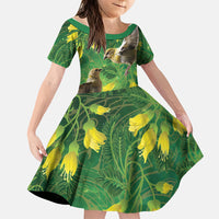 Bellbird New Zealand Personalised Family Matching Off Shoulder Short Dress and Hawaiian Shirt Kowhai Flower Maori Pattern
