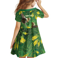 Bellbird New Zealand Personalised Family Matching Short Sleeve Bodycon Dress and Hawaiian Shirt Kowhai Flower Maori Pattern