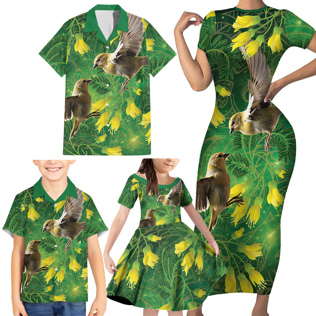 Bellbird New Zealand Personalised Family Matching Short Sleeve Bodycon Dress and Hawaiian Shirt Kowhai Flower Maori Pattern
