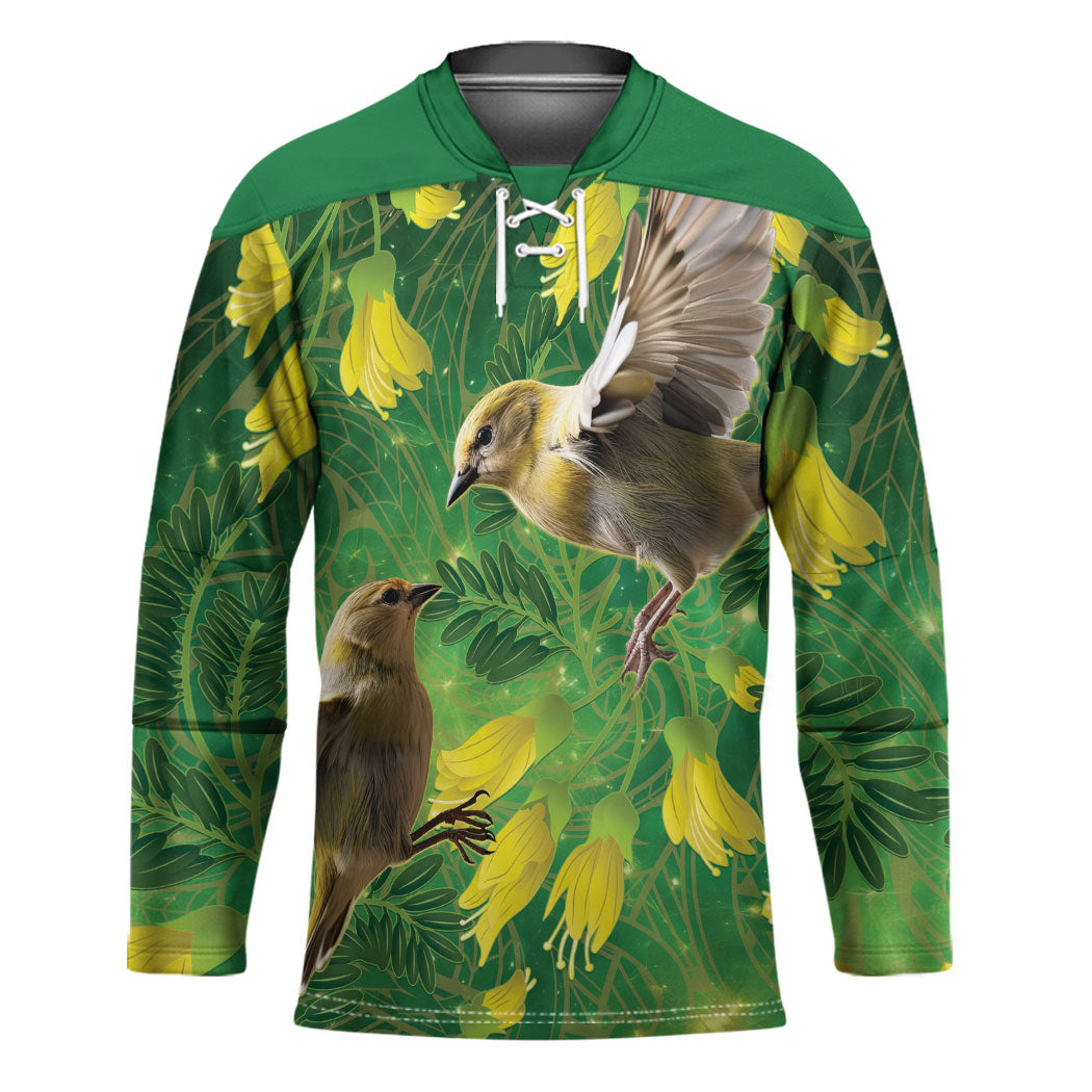 Bellbird New Zealand Personalised Hockey Jersey Kowhai Flower Maori Pattern LT22 Unisex Green - Polynesian Pride