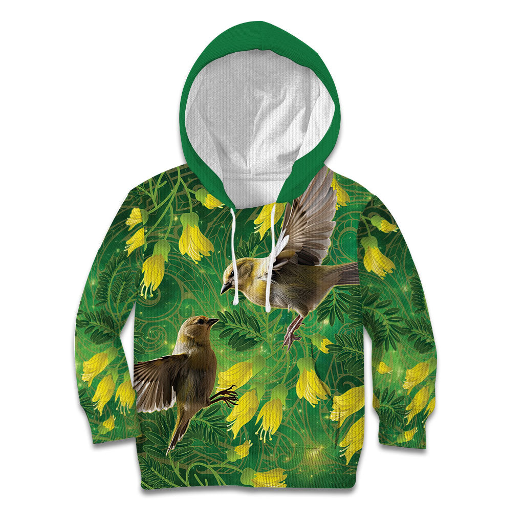 Bellbird New Zealand Personalised Kid Hoodie Kowhai Flower Maori Pattern LT22 Hoodie Green - Polynesian Pride