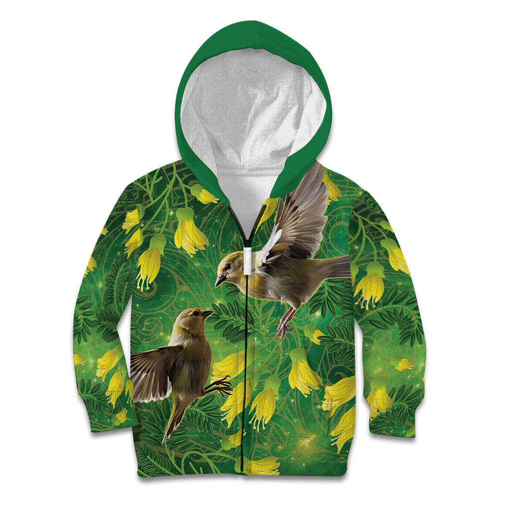 Bellbird New Zealand Personalised Kid Hoodie Kowhai Flower Maori Pattern