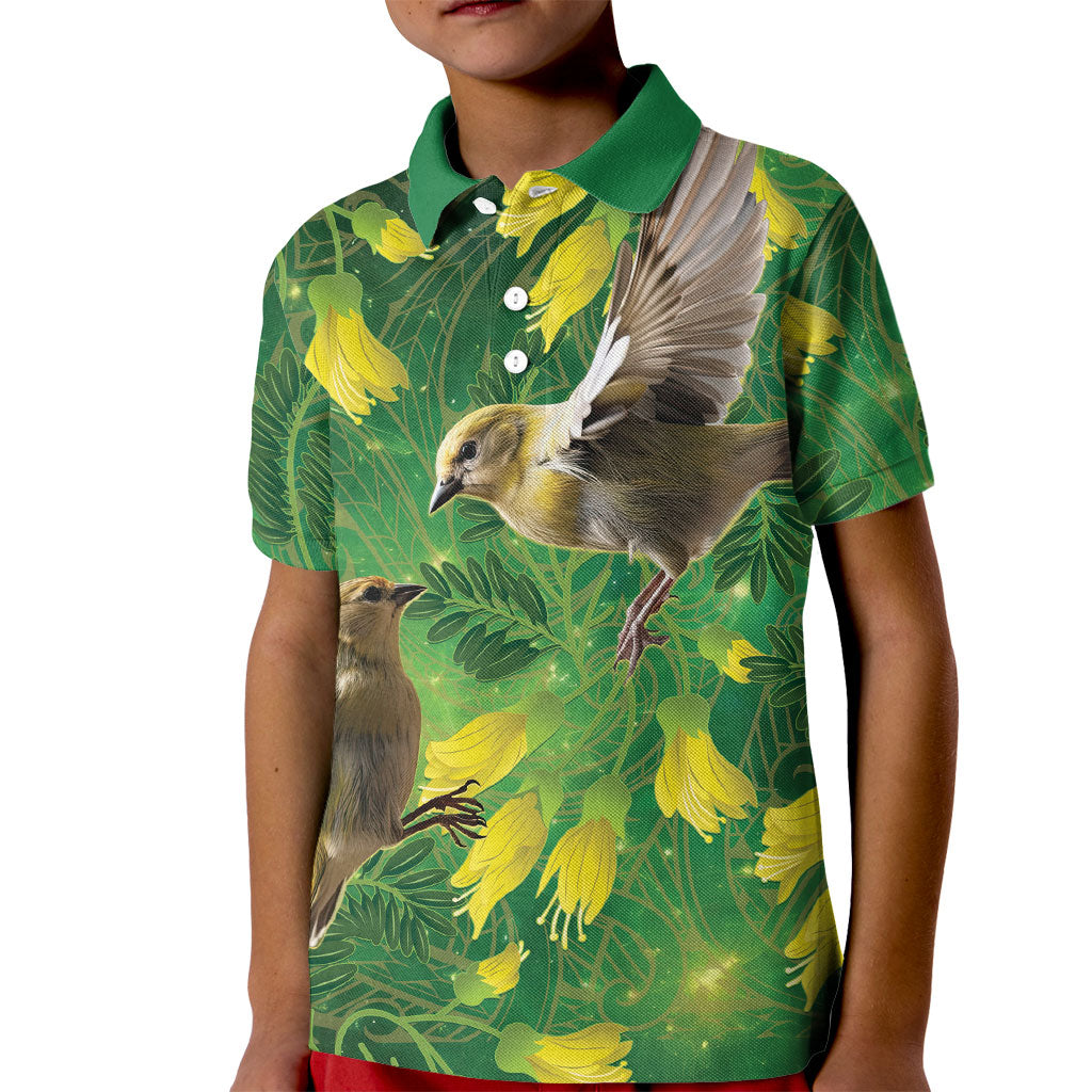 Bellbird New Zealand Personalised Kid Polo Shirt Kowhai Flower Maori Pattern LT22 Kid Green - Polynesian Pride