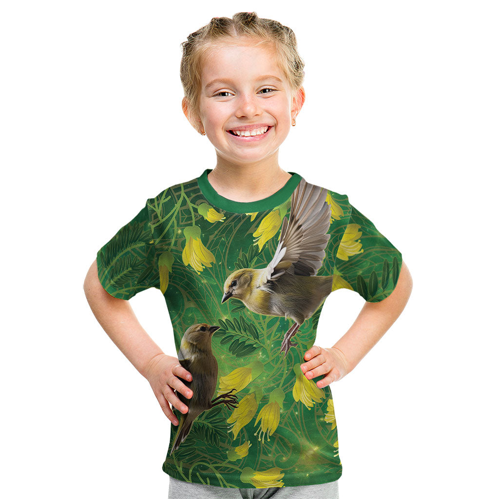 Bellbird New Zealand Personalised Kid T Shirt Kowhai Flower Maori Pattern LT22 Green - Polynesian Pride