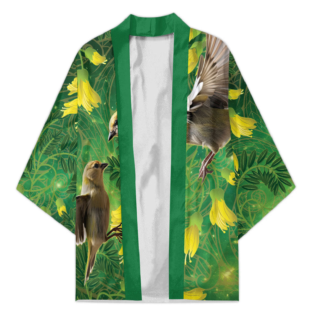 Bellbird New Zealand Personalised Kimono Kowhai Flower Maori Pattern LT22 Unisex Green - Polynesian Pride