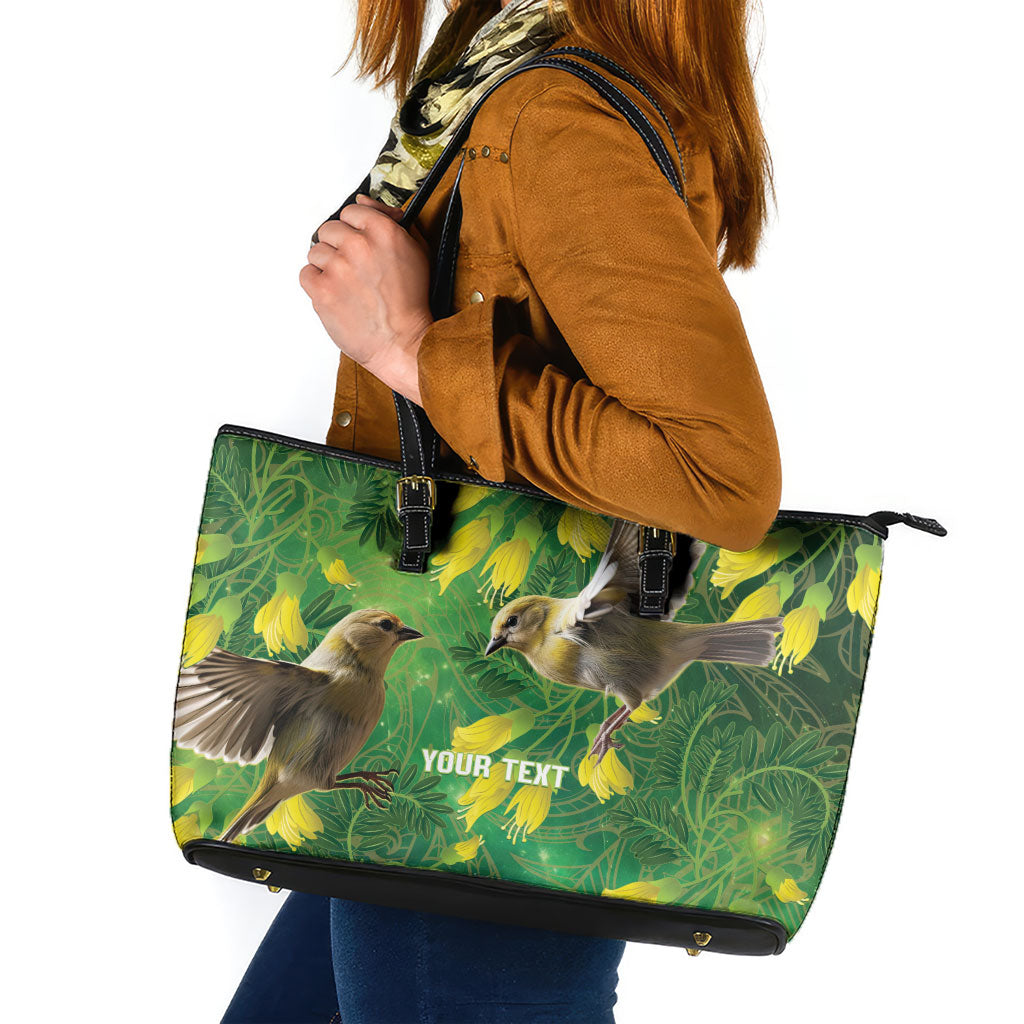 Bellbird New Zealand Personalised Leather Tote Bag Kowhai Flower Maori Pattern
