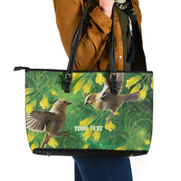 Bellbird New Zealand Personalised Leather Tote Bag Kowhai Flower Maori Pattern