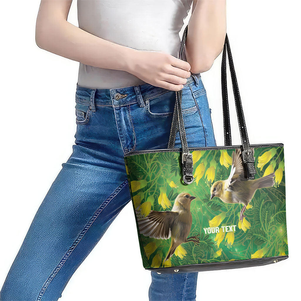 Bellbird New Zealand Personalised Leather Tote Bag Kowhai Flower Maori Pattern