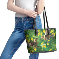Bellbird New Zealand Personalised Leather Tote Bag Kowhai Flower Maori Pattern