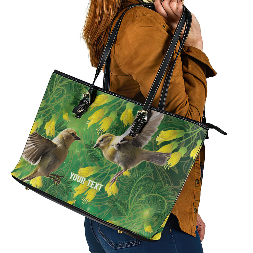 Bellbird New Zealand Personalised Leather Tote Bag Kowhai Flower Maori Pattern