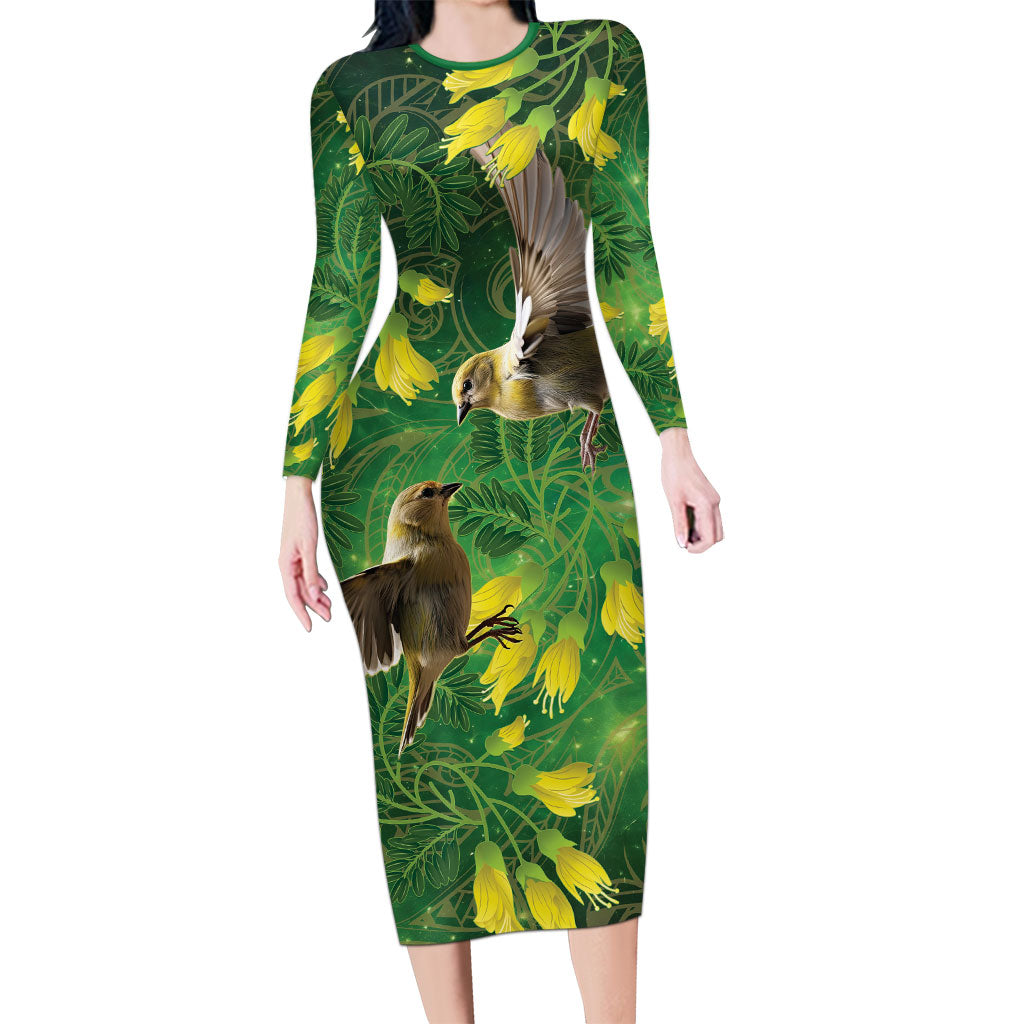 Bellbird New Zealand Personalised Long Sleeve Bodycon Dress Kowhai Flower Maori Pattern LT22 Long Dress Green - Polynesian Pride