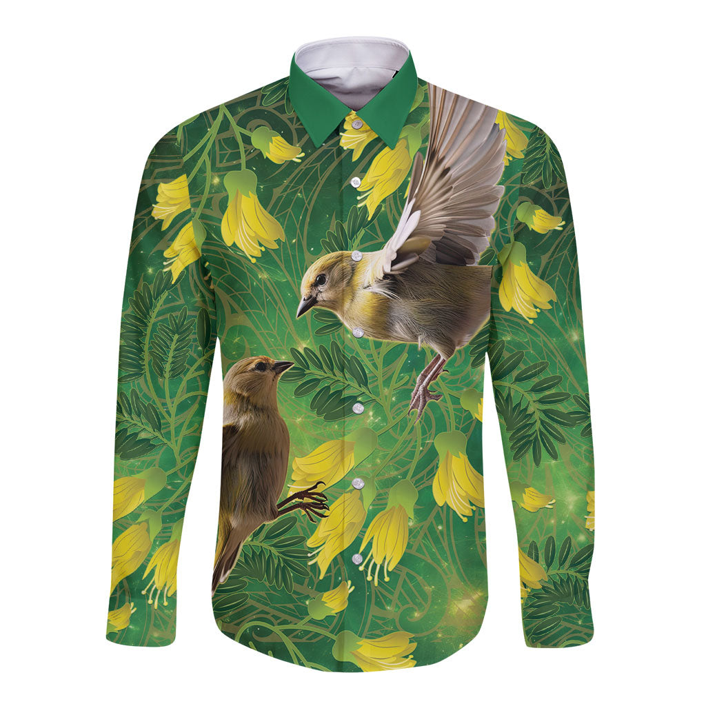 Bellbird New Zealand Personalised Long Sleeve Button Shirt Kowhai Flower Maori Pattern