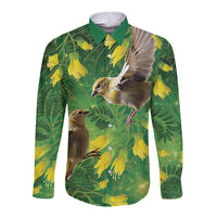 Bellbird New Zealand Personalised Long Sleeve Button Shirt Kowhai Flower Maori Pattern