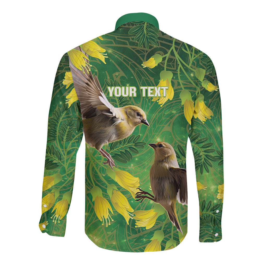Bellbird New Zealand Personalised Long Sleeve Button Shirt Kowhai Flower Maori Pattern