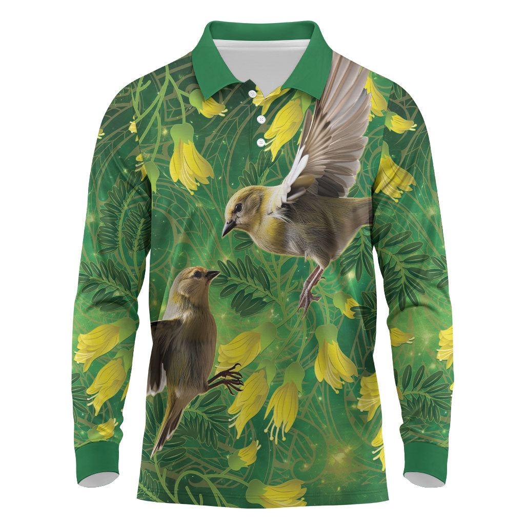 Bellbird New Zealand Personalised Long Sleeve Polo Shirt Kowhai Flower Maori Pattern