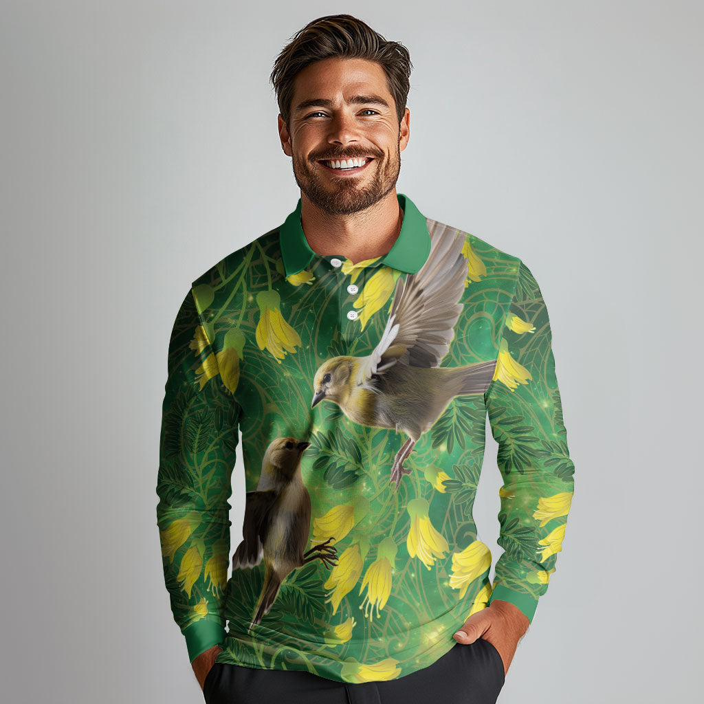 Bellbird New Zealand Personalised Long Sleeve Polo Shirt Kowhai Flower Maori Pattern