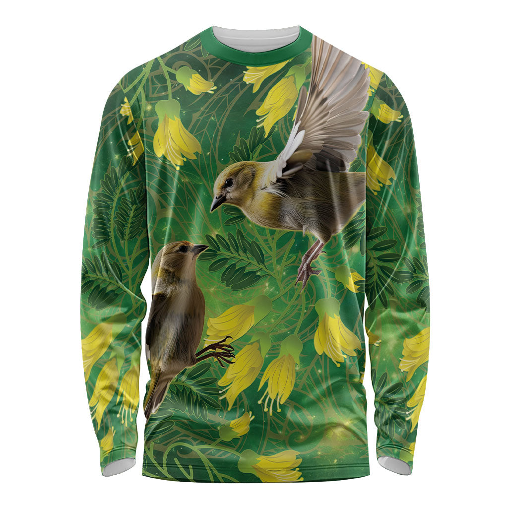 Bellbird New Zealand Personalised Long Sleeve Shirt Kowhai Flower Maori Pattern LT22 Unisex Green - Polynesian Pride
