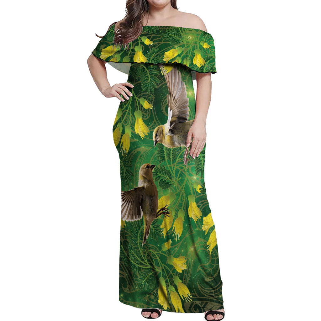 Bellbird New Zealand Personalised Off Shoulder Maxi Dress Kowhai Flower Maori Pattern LT22 Women Green - Polynesian Pride