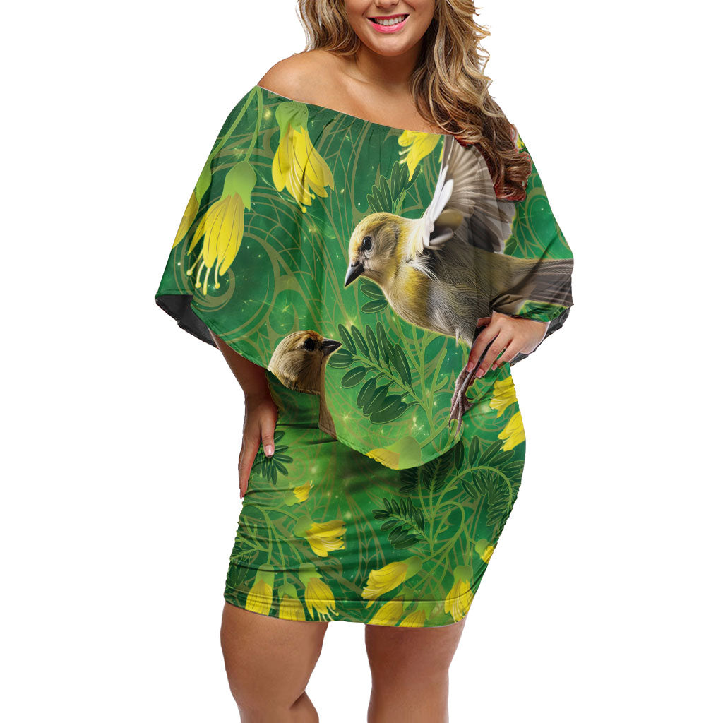 Bellbird New Zealand Personalised Off Shoulder Short Dress Kowhai Flower Maori Pattern LT22 Women Green - Polynesian Pride