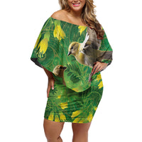 Bellbird New Zealand Personalised Off Shoulder Short Dress Kowhai Flower Maori Pattern LT22 Women Green - Polynesian Pride
