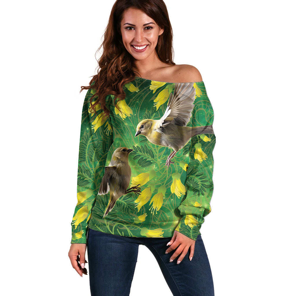 Bellbird New Zealand Personalised Off Shoulder Sweater Kowhai Flower Maori Pattern LT22 Women Green - Polynesian Pride
