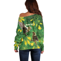 Bellbird New Zealand Personalised Off Shoulder Sweater Kowhai Flower Maori Pattern LT22 - Polynesian Pride