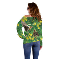 Bellbird New Zealand Personalised Off Shoulder Sweater Kowhai Flower Maori Pattern LT22 - Polynesian Pride