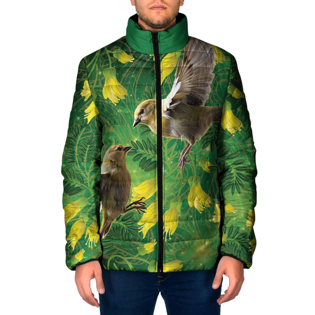 Bellbird New Zealand Personalised Padded Jacket Kowhai Flower Maori Pattern LT22 Men Green - Polynesian Pride
