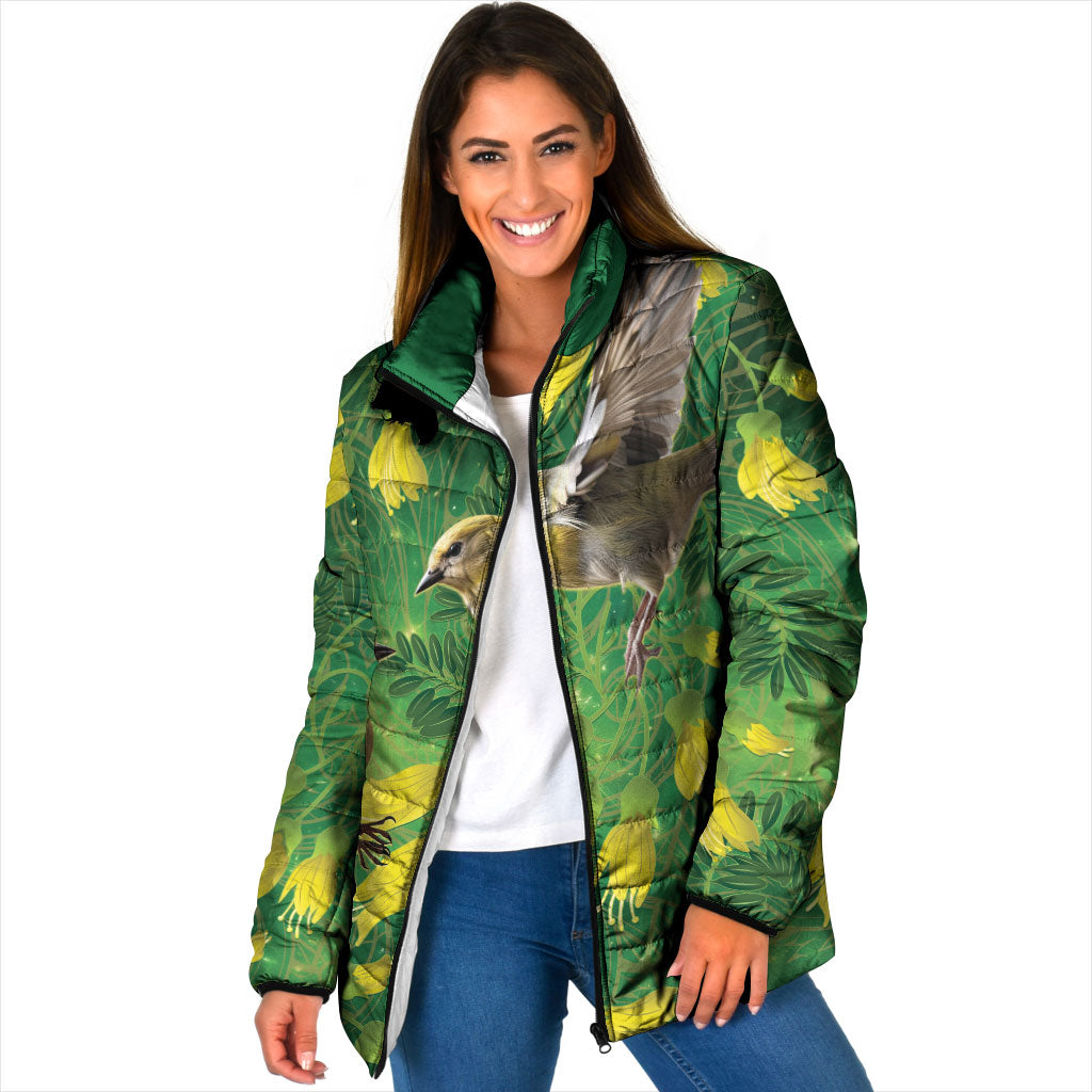 Bellbird New Zealand Personalised Padded Jacket Kowhai Flower Maori Pattern LT22 Women Green - Polynesian Pride