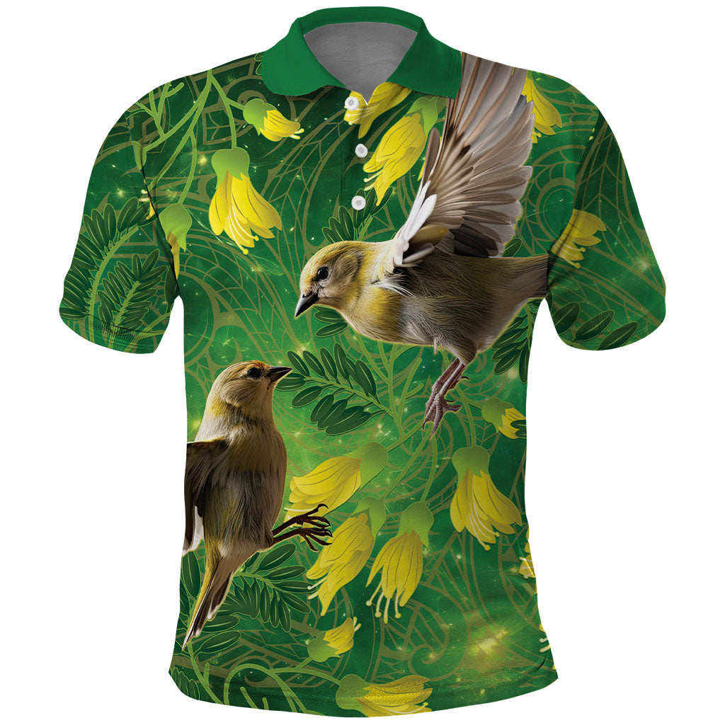 Bellbird New Zealand Personalised Polo Shirt Kowhai Flower Maori Pattern