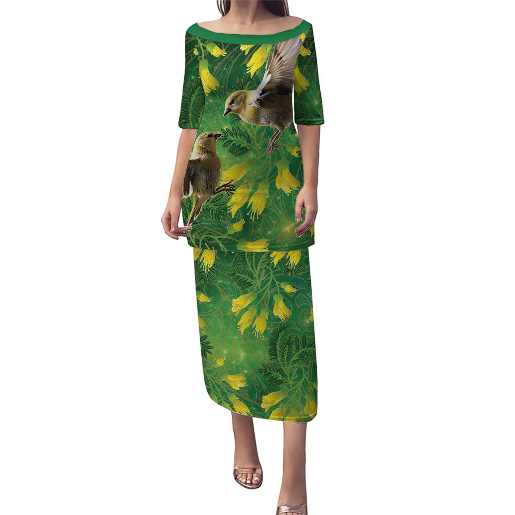 Bellbird New Zealand Personalised Puletasi Kowhai Flower Maori Pattern LT22 Long Dress Green - Polynesian Pride