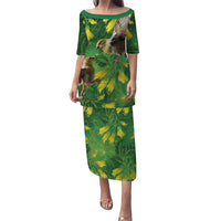 Bellbird New Zealand Personalised Puletasi Kowhai Flower Maori Pattern LT22 Long Dress Green - Polynesian Pride
